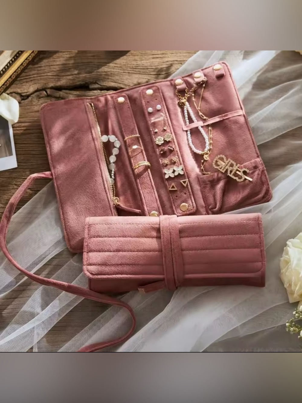 Pink Velvet Jewelry Roll Travel Organizer Case Ring Necklace Storage